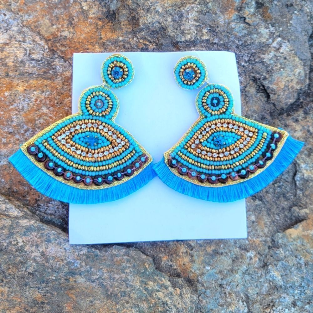 Blue‎ Seed Beaded Earrings in Goldtone